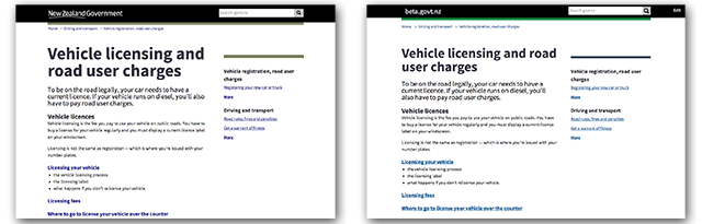 Screenshots of the same content page showing older, larger heading font size (left) versus newer, smaller heading font size (right).