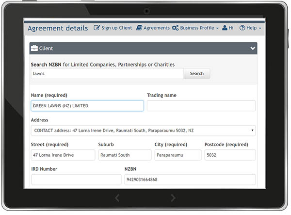 Screenshot of the client's view of the agreement details